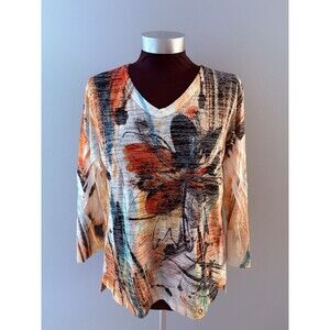 Jess & Jane Top Size Medium Orange Floral Abstract Lagenlook V Neck Lightweight